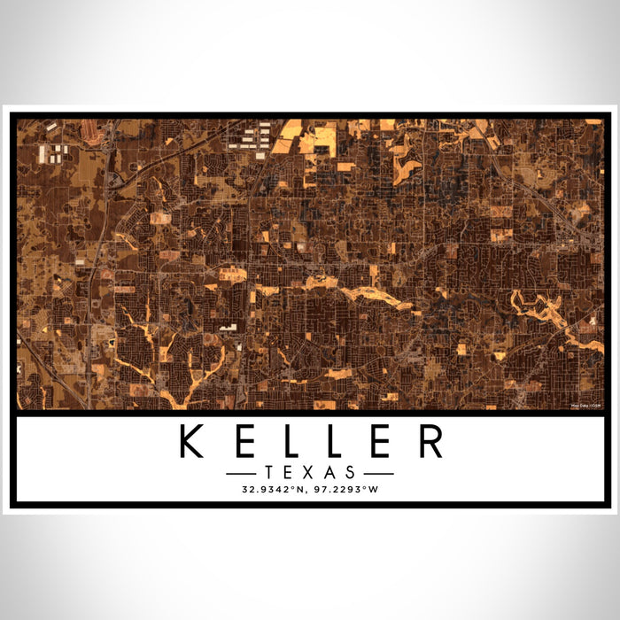 Keller Texas Map Print Landscape Orientation in Ember Style With Shaded Background
