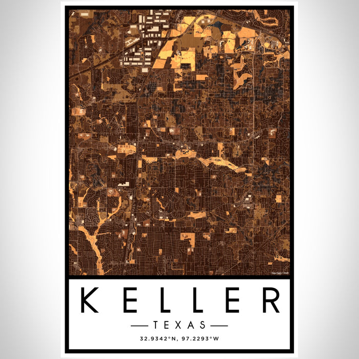 Keller Texas Map Print Portrait Orientation in Ember Style With Shaded Background