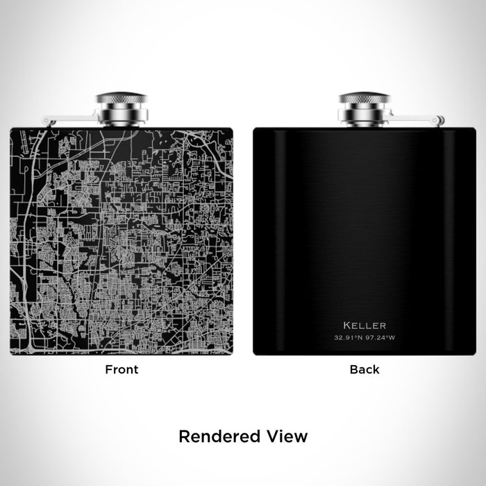 Rendered View of Keller Texas Map Engraving on 6oz Stainless Steel Flask in Black