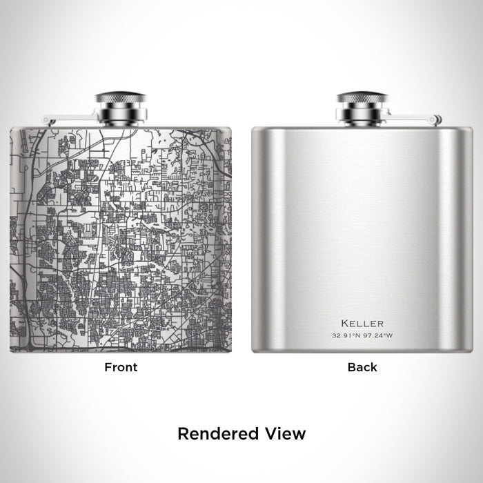 Rendered View of Keller Texas Map Engraving on 6oz Stainless Steel Flask