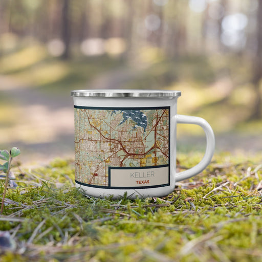 Right View Custom Keller Texas Map Enamel Mug in Woodblock on Grass With Trees in Background
