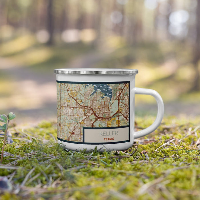 Right View Custom Keller Texas Map Enamel Mug in Woodblock on Grass With Trees in Background