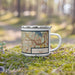 Right View Custom Keller Texas Map Enamel Mug in Woodblock on Grass With Trees in Background