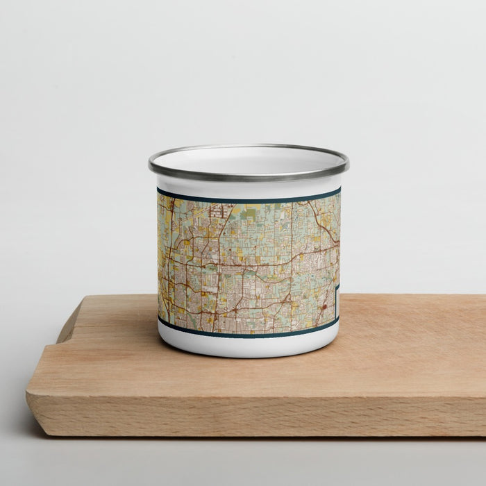 Front View Custom Keller Texas Map Enamel Mug in Woodblock on Cutting Board