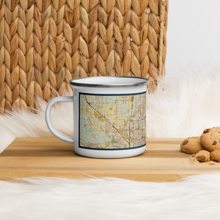Left View Custom Keller Texas Map Enamel Mug in Woodblock on Table Top
