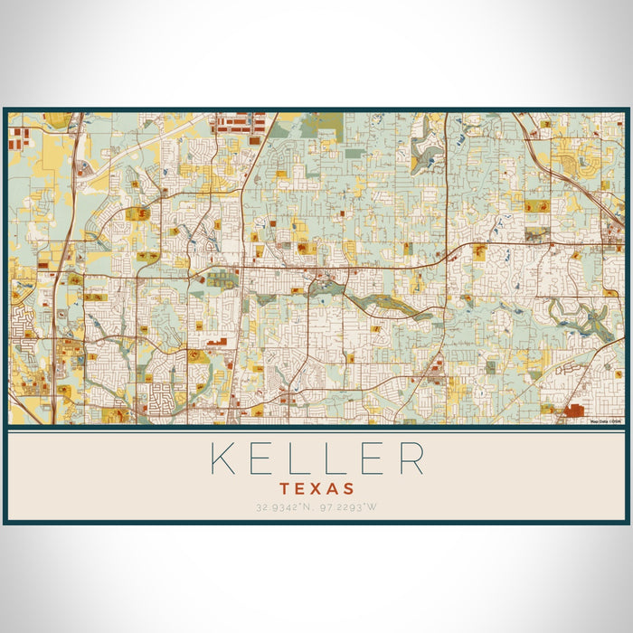 Keller Texas Map Print Landscape Orientation in Woodblock Style With Shaded Background