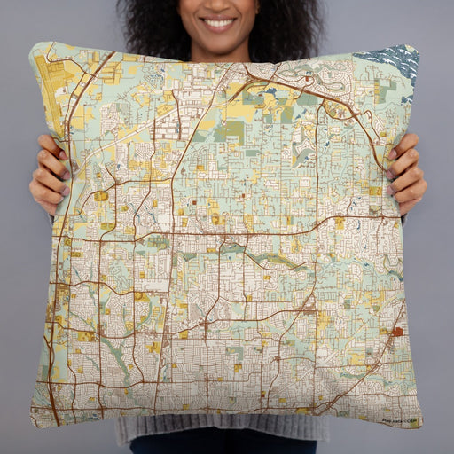 Person holding 22x22 Custom Keller Texas Map Throw Pillow in Woodblock