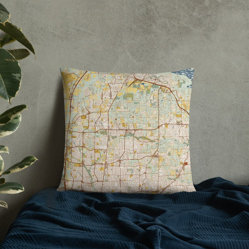 Custom Keller Texas Map Throw Pillow in Woodblock on Bedding Against Wall