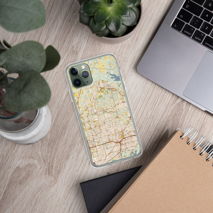 Custom Keller Texas Map Phone Case in Woodblock on Table with Laptop and Plant