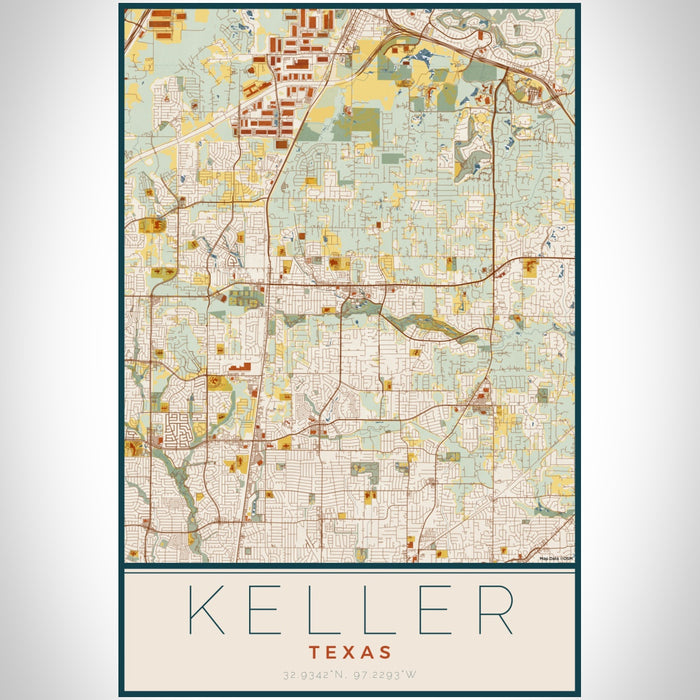 Keller Texas Map Print Portrait Orientation in Woodblock Style With Shaded Background