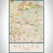 Keller Texas Map Print Portrait Orientation in Woodblock Style With Shaded Background