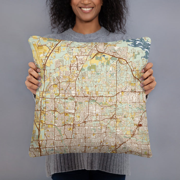 Person holding 18x18 Custom Keller Texas Map Throw Pillow in Woodblock