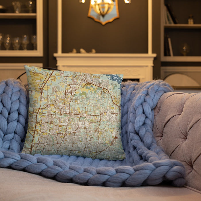 Custom Keller Texas Map Throw Pillow in Woodblock on Cream Colored Couch
