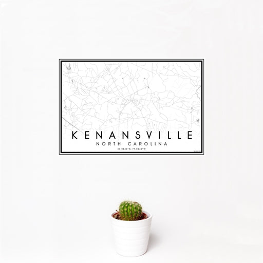 12x18 Kenansville North Carolina Map Print Landscape Orientation in Classic Style With Small Cactus Plant in White Planter