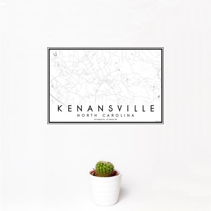 12x18 Kenansville North Carolina Map Print Landscape Orientation in Classic Style With Small Cactus Plant in White Planter