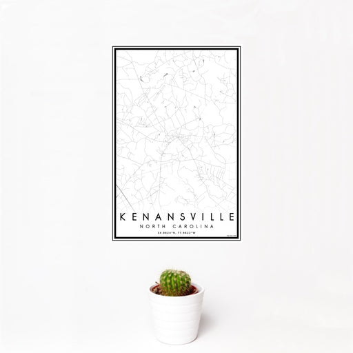 12x18 Kenansville North Carolina Map Print Portrait Orientation in Classic Style With Small Cactus Plant in White Planter