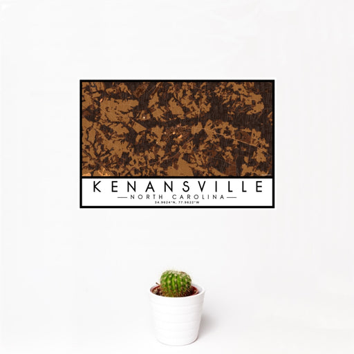 12x18 Kenansville North Carolina Map Print Landscape Orientation in Ember Style With Small Cactus Plant in White Planter