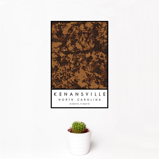 12x18 Kenansville North Carolina Map Print Portrait Orientation in Ember Style With Small Cactus Plant in White Planter