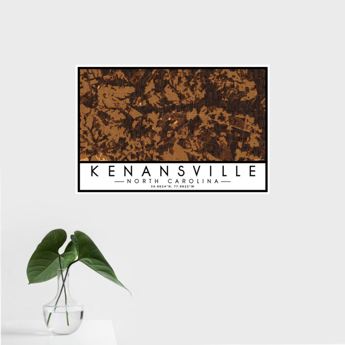 16x24 Kenansville North Carolina Map Print Landscape Orientation in Ember Style With Tropical Plant Leaves in Water