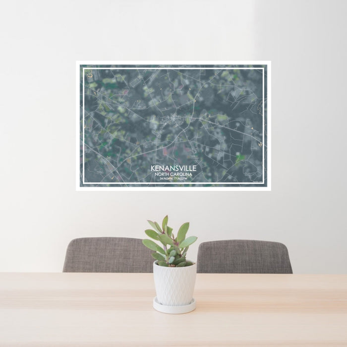 24x36 Kenansville North Carolina Map Print Lanscape Orientation in Afternoon Style Behind 2 Chairs Table and Potted Plant