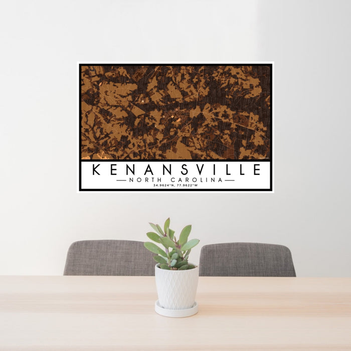 24x36 Kenansville North Carolina Map Print Lanscape Orientation in Ember Style Behind 2 Chairs Table and Potted Plant