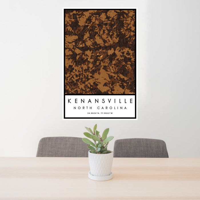 24x36 Kenansville North Carolina Map Print Portrait Orientation in Ember Style Behind 2 Chairs Table and Potted Plant