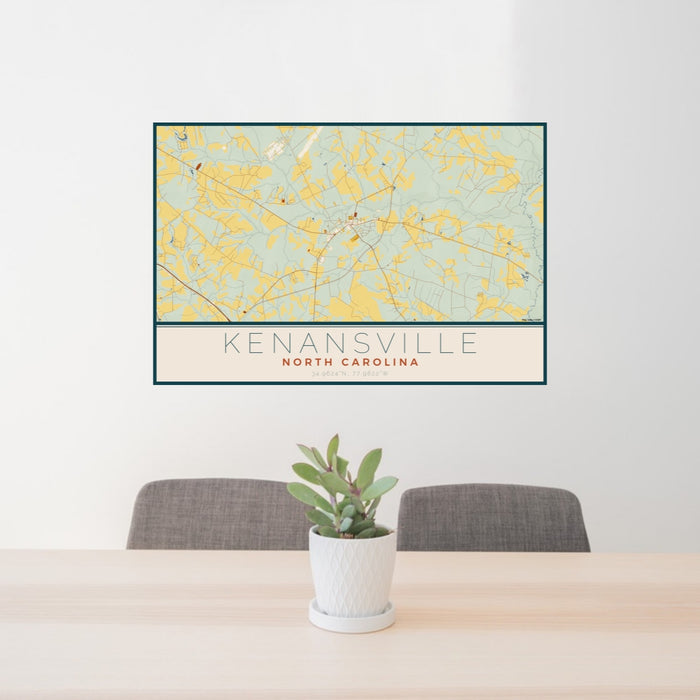 24x36 Kenansville North Carolina Map Print Lanscape Orientation in Woodblock Style Behind 2 Chairs Table and Potted Plant