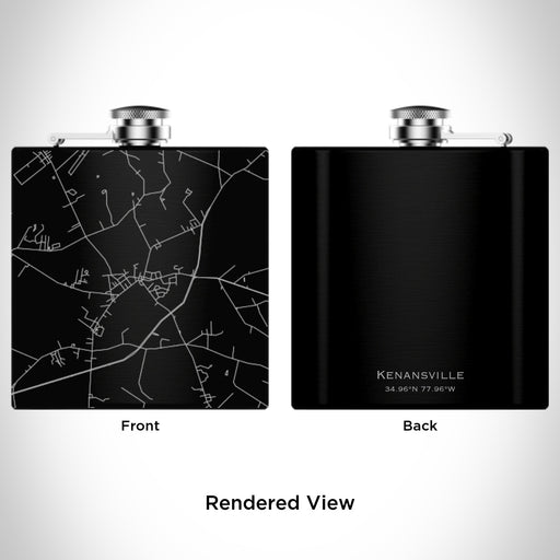 Rendered View of Kenansville North Carolina Map Engraving on 6oz Stainless Steel Flask in Black