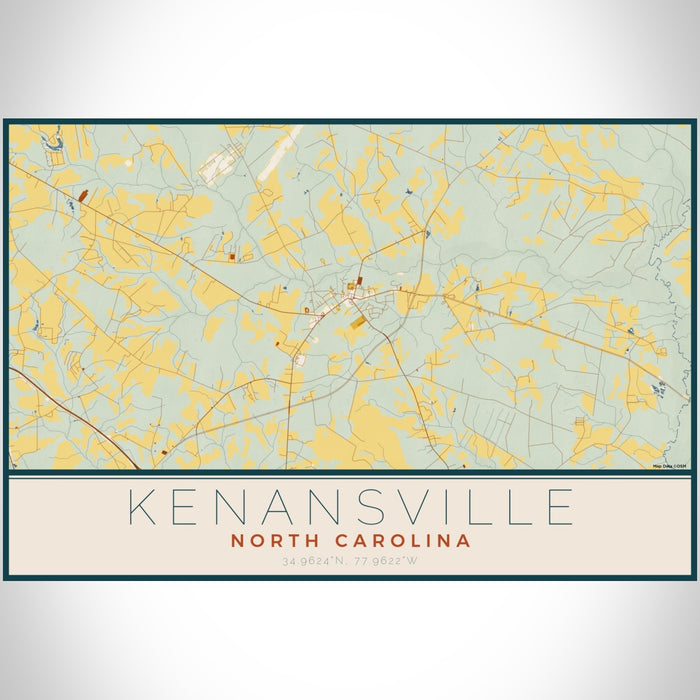 Kenansville North Carolina Map Print Landscape Orientation in Woodblock Style With Shaded Background