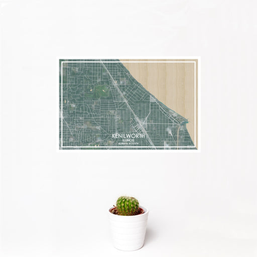 12x18 Kenilworth Illinois Map Print Landscape Orientation in Afternoon Style With Small Cactus Plant in White Planter