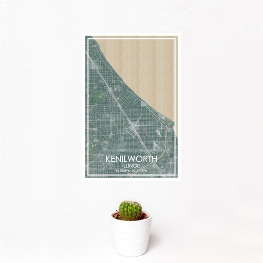 12x18 Kenilworth Illinois Map Print Portrait Orientation in Afternoon Style With Small Cactus Plant in White Planter