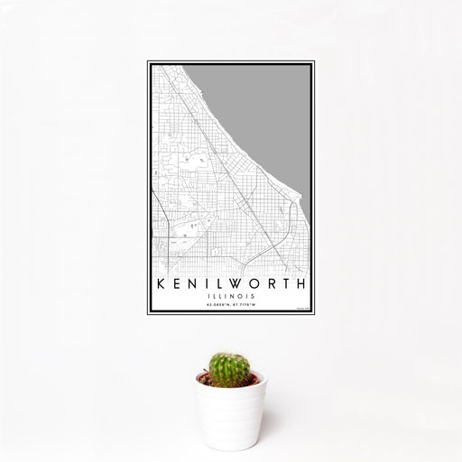 12x18 Kenilworth Illinois Map Print Portrait Orientation in Classic Style With Small Cactus Plant in White Planter