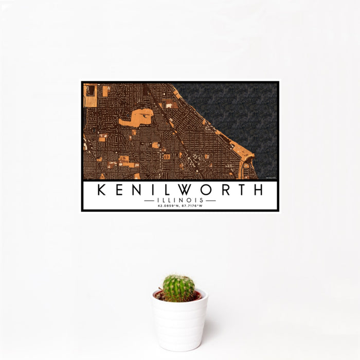 12x18 Kenilworth Illinois Map Print Landscape Orientation in Ember Style With Small Cactus Plant in White Planter