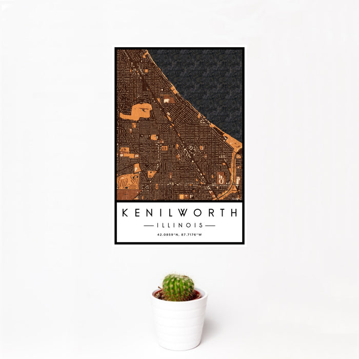12x18 Kenilworth Illinois Map Print Portrait Orientation in Ember Style With Small Cactus Plant in White Planter