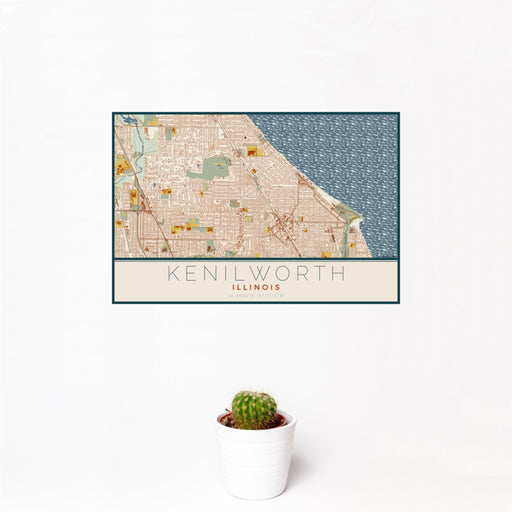 12x18 Kenilworth Illinois Map Print Landscape Orientation in Woodblock Style With Small Cactus Plant in White Planter