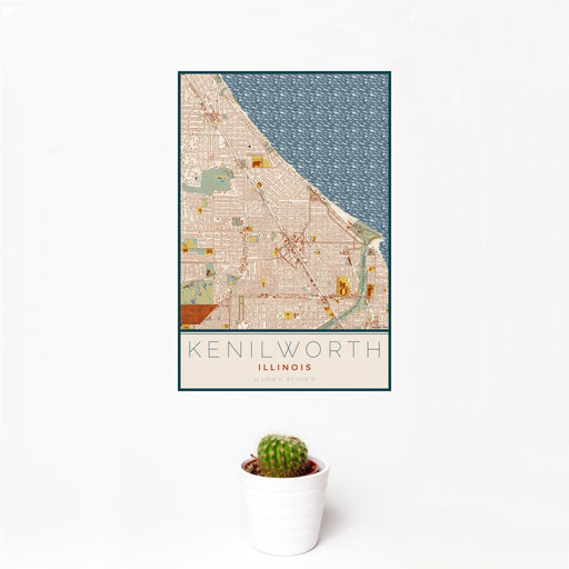 12x18 Kenilworth Illinois Map Print Portrait Orientation in Woodblock Style With Small Cactus Plant in White Planter