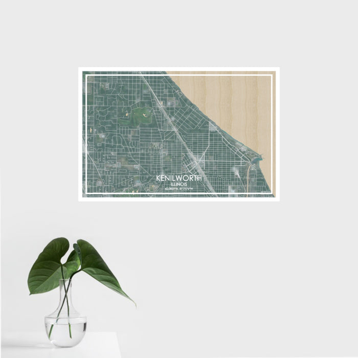 16x24 Kenilworth Illinois Map Print Landscape Orientation in Afternoon Style With Tropical Plant Leaves in Water