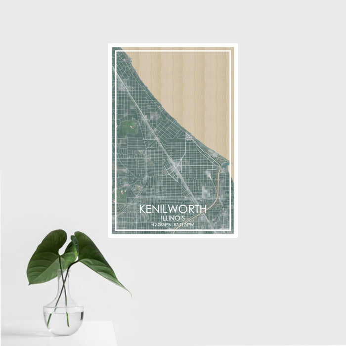 16x24 Kenilworth Illinois Map Print Portrait Orientation in Afternoon Style With Tropical Plant Leaves in Water