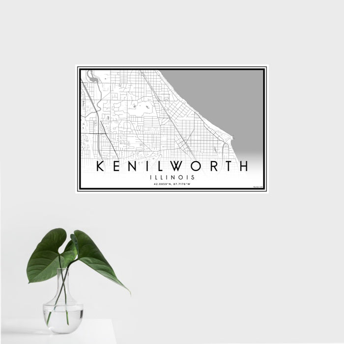 16x24 Kenilworth Illinois Map Print Landscape Orientation in Classic Style With Tropical Plant Leaves in Water