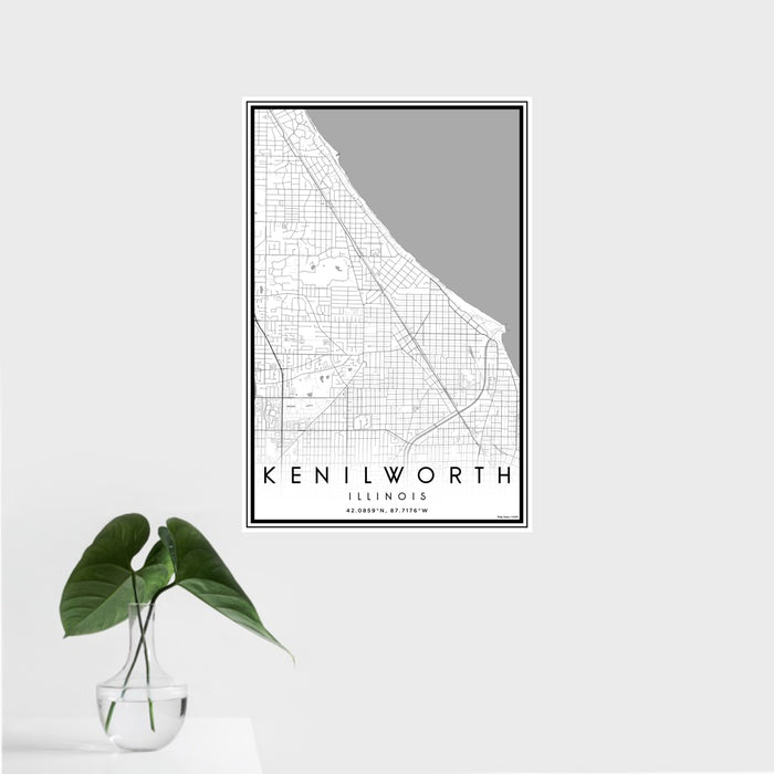 16x24 Kenilworth Illinois Map Print Portrait Orientation in Classic Style With Tropical Plant Leaves in Water