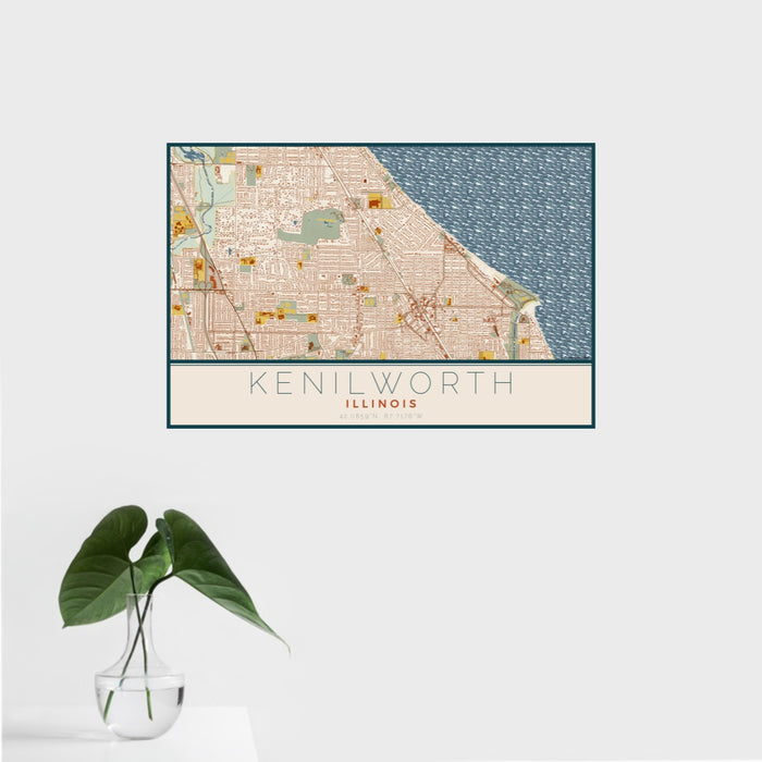 16x24 Kenilworth Illinois Map Print Landscape Orientation in Woodblock Style With Tropical Plant Leaves in Water
