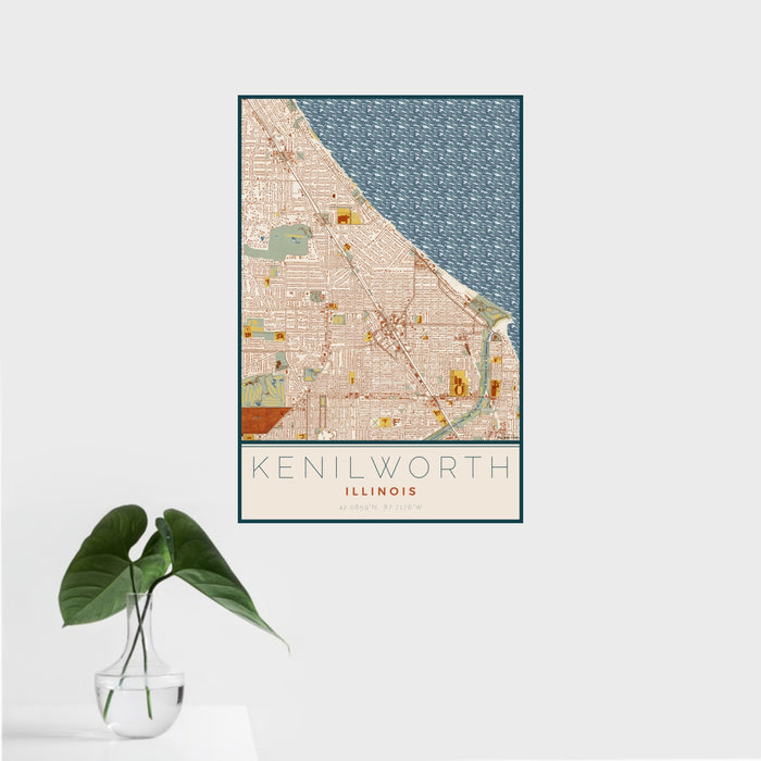 16x24 Kenilworth Illinois Map Print Portrait Orientation in Woodblock Style With Tropical Plant Leaves in Water