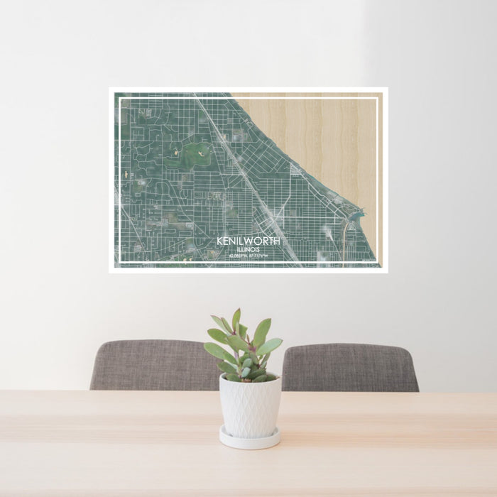 24x36 Kenilworth Illinois Map Print Lanscape Orientation in Afternoon Style Behind 2 Chairs Table and Potted Plant