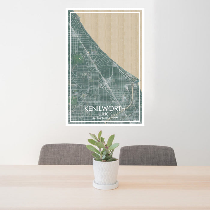 24x36 Kenilworth Illinois Map Print Portrait Orientation in Afternoon Style Behind 2 Chairs Table and Potted Plant