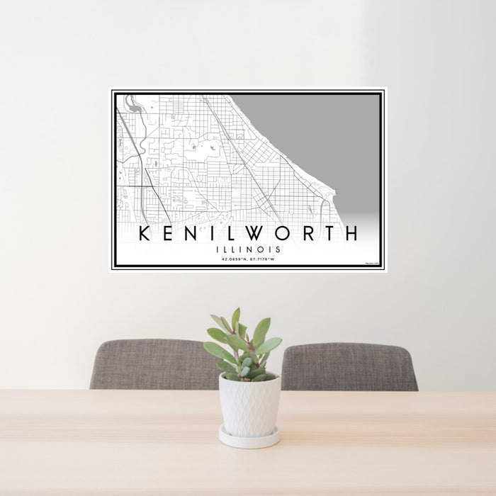 24x36 Kenilworth Illinois Map Print Lanscape Orientation in Classic Style Behind 2 Chairs Table and Potted Plant