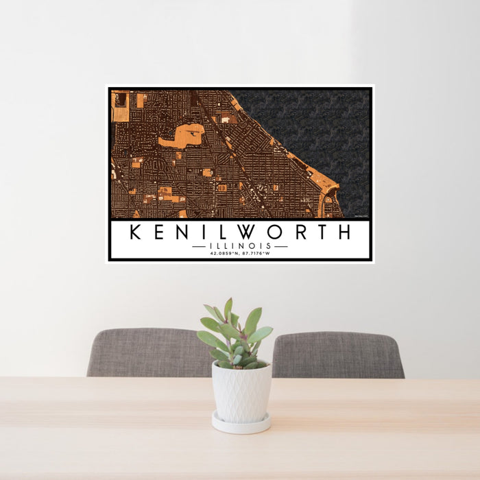 24x36 Kenilworth Illinois Map Print Lanscape Orientation in Ember Style Behind 2 Chairs Table and Potted Plant