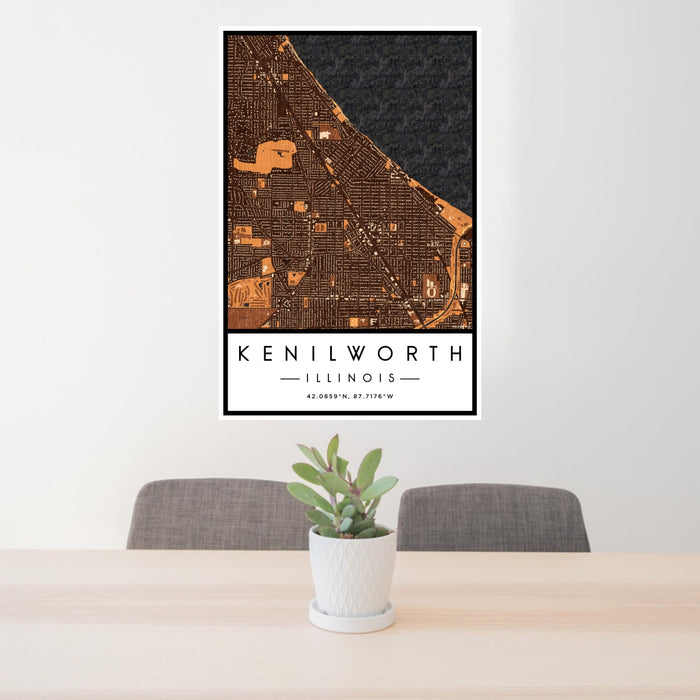24x36 Kenilworth Illinois Map Print Portrait Orientation in Ember Style Behind 2 Chairs Table and Potted Plant