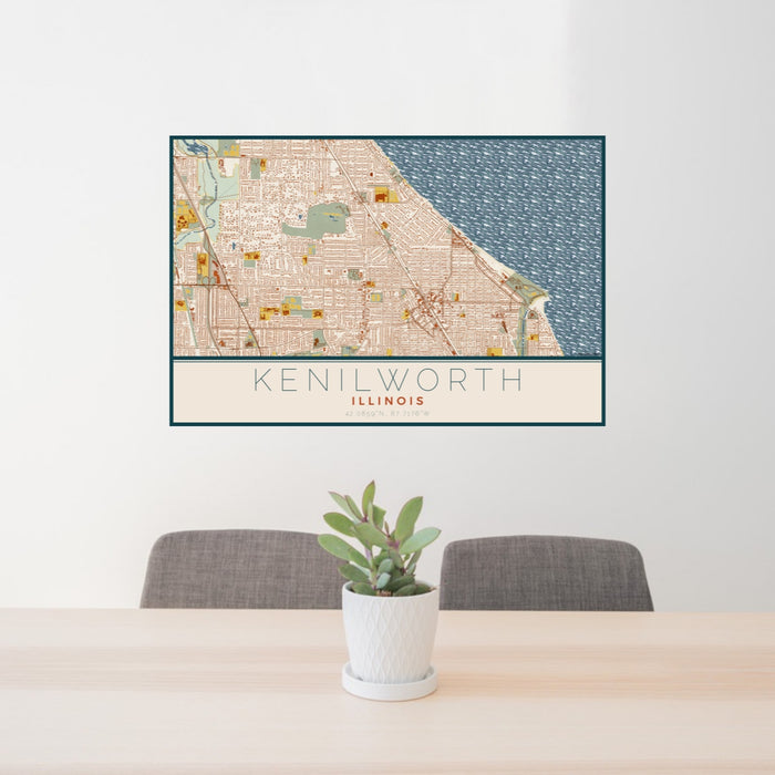 24x36 Kenilworth Illinois Map Print Lanscape Orientation in Woodblock Style Behind 2 Chairs Table and Potted Plant