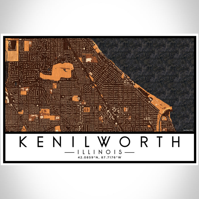 Kenilworth Illinois Map Print Landscape Orientation in Ember Style With Shaded Background