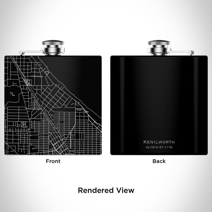 Rendered View of Kenilworth Illinois Map Engraving on 6oz Stainless Steel Flask in Black